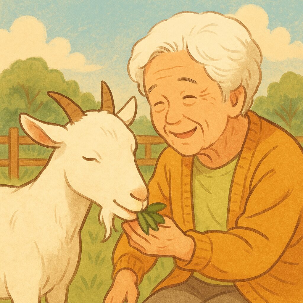 介護施設で高齢者とヤギがふれあう様子(アニマルセラピー)