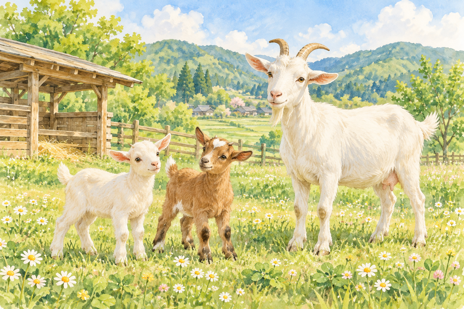 草花のある牧場で過ごす子ヤギと成ヤギのAIイラスト